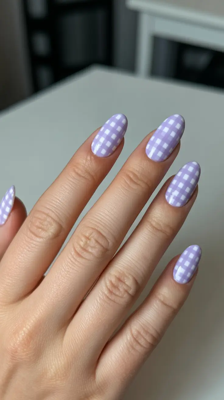 spring nails 2026 for pale skin Lavender Picnic Gingham