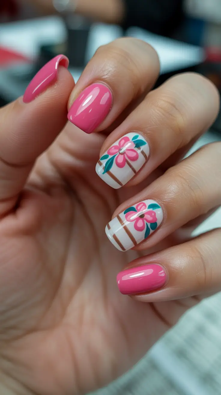 chic spring nails for pale skin 2026 Pink Blossoms On Soft Stripes