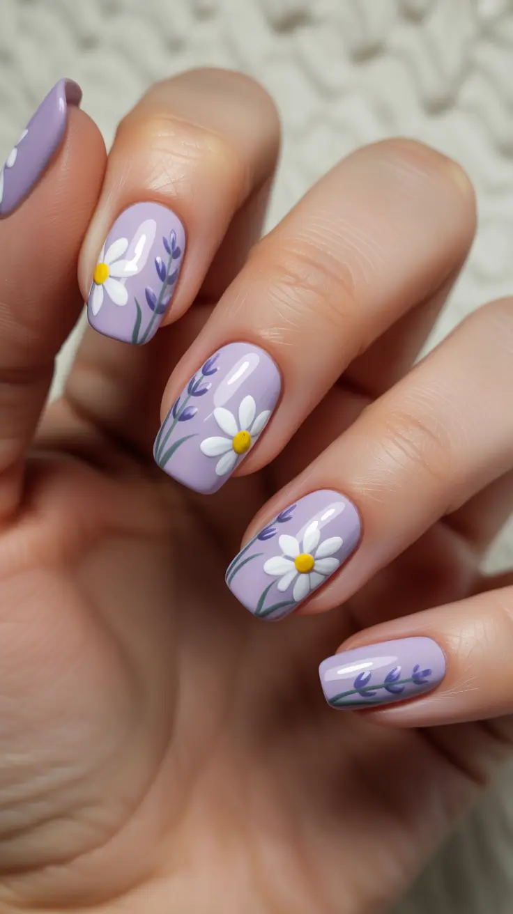 chic spring nails for pale skin 2026 Lavender Meadows With Daisies