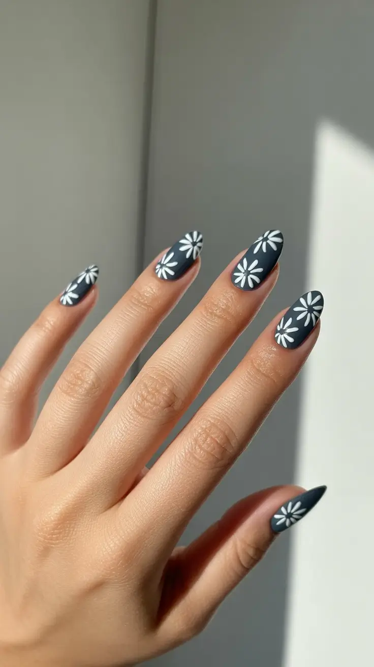 chic spring nails for pale skin 2026 Matte Charcoal Daisies