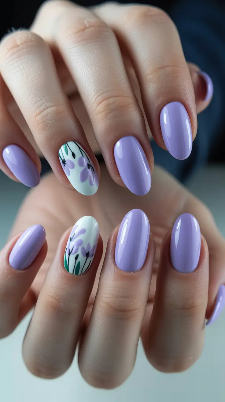 chic spring nails for pale skin 2026 Lavender Petals On White Accents