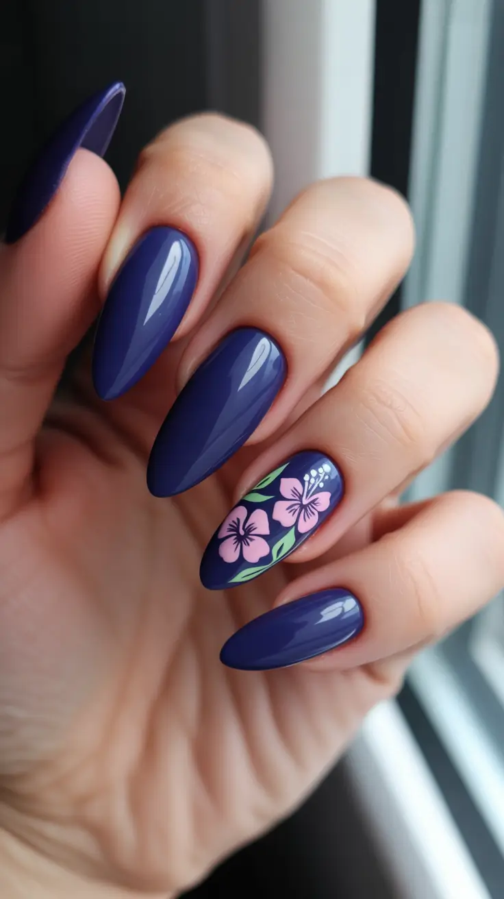 spring nails 2026 for pale skin Deep Indigo With Hibiscus Accents