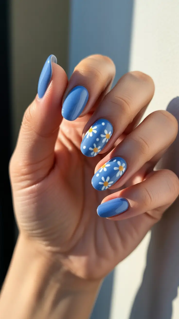 spring nails 2026 for pale skin Sky Blue Daisy Dots