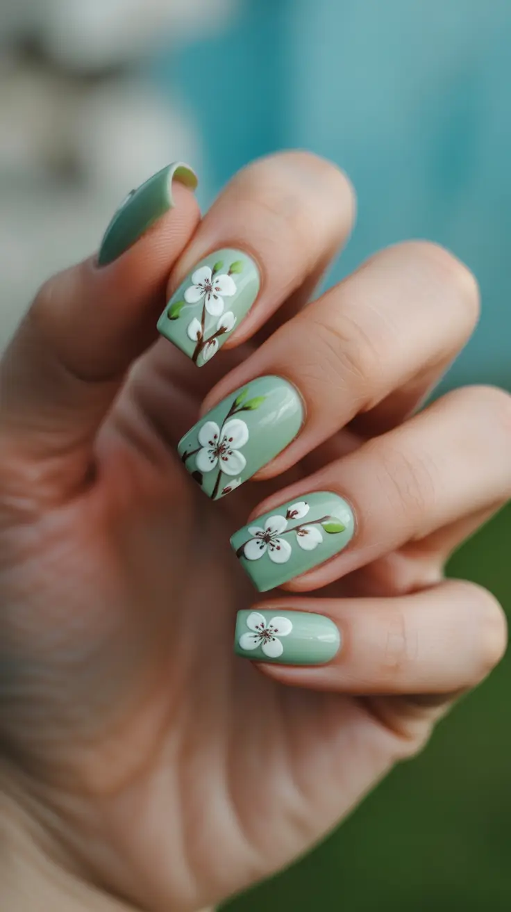 spring nails 2026 for pale skin Mint Blossom Branches
