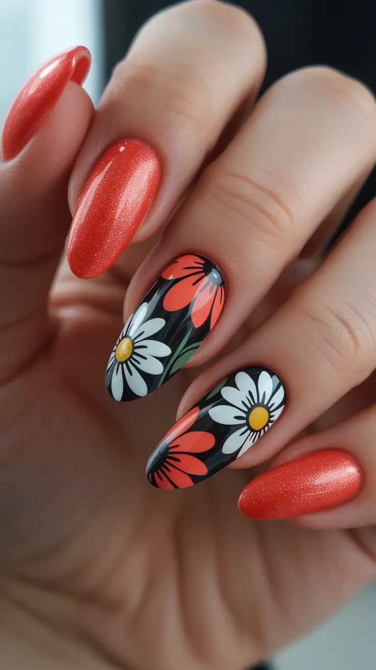 chic spring nails for pale skin 2026 Fresh Coral Daisy Shine