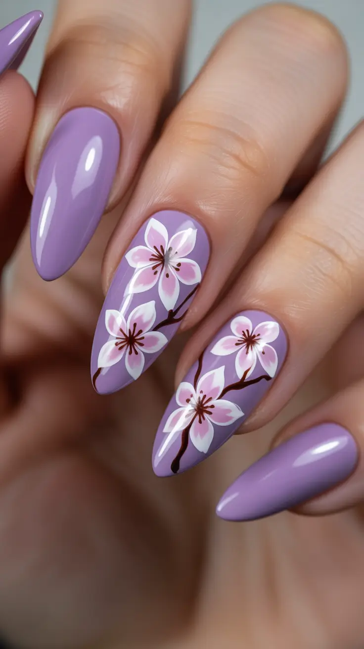 chic spring nails for pale skin 2026 Lavender Blossom Almonds