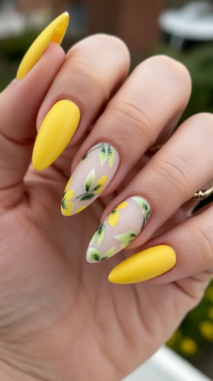 chic spring nails for pale skin 2026 Sunny Yellow Florals With Soft Green Leaves
