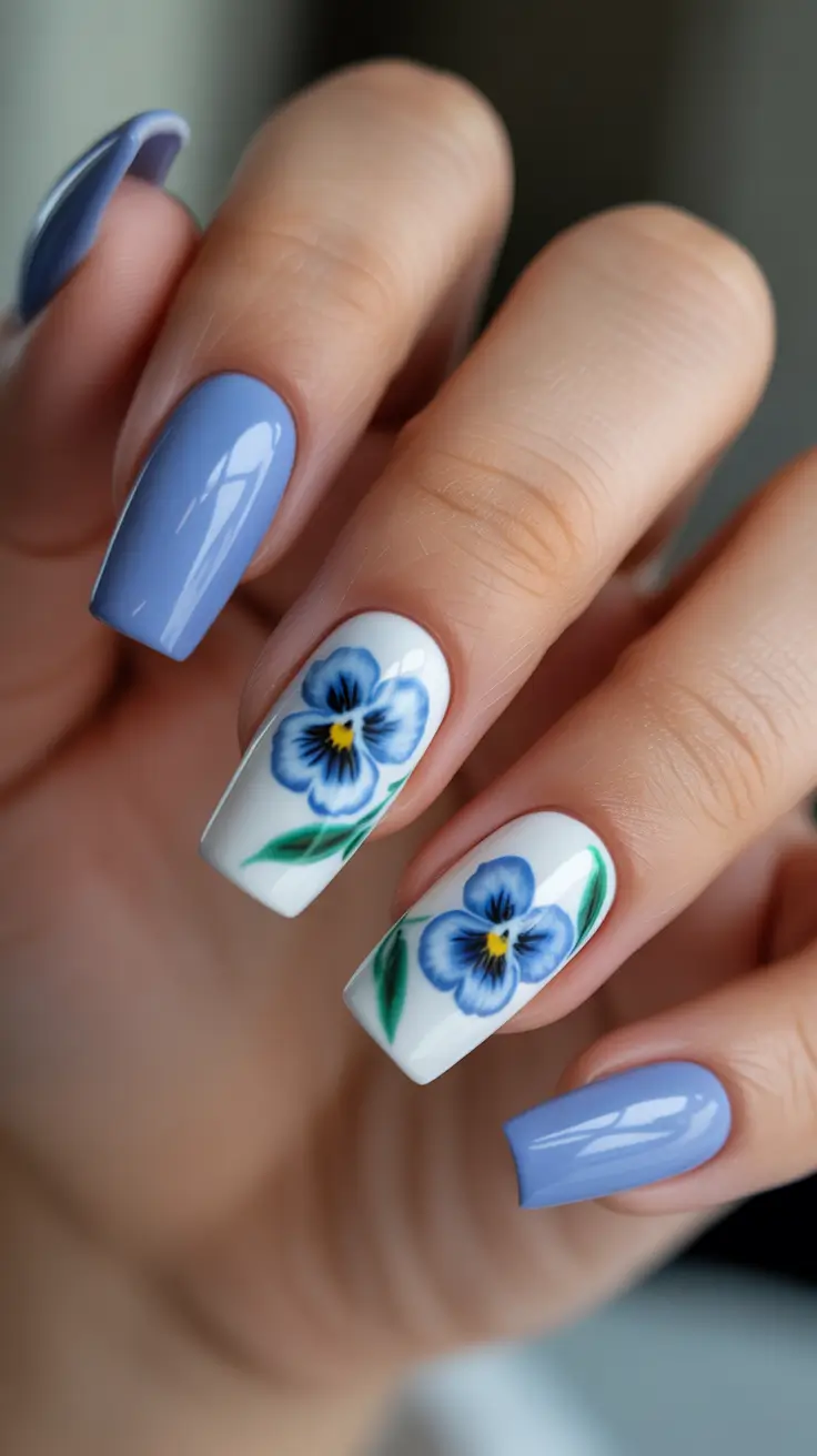 spring nails 2026 trends tan skin Soft Blue Florals On Long Square Nails