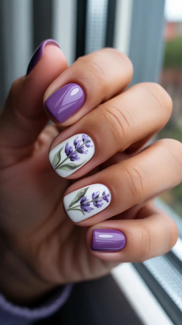 spring nails 2026 trends tan skin Lavender Florals On Bright Violet