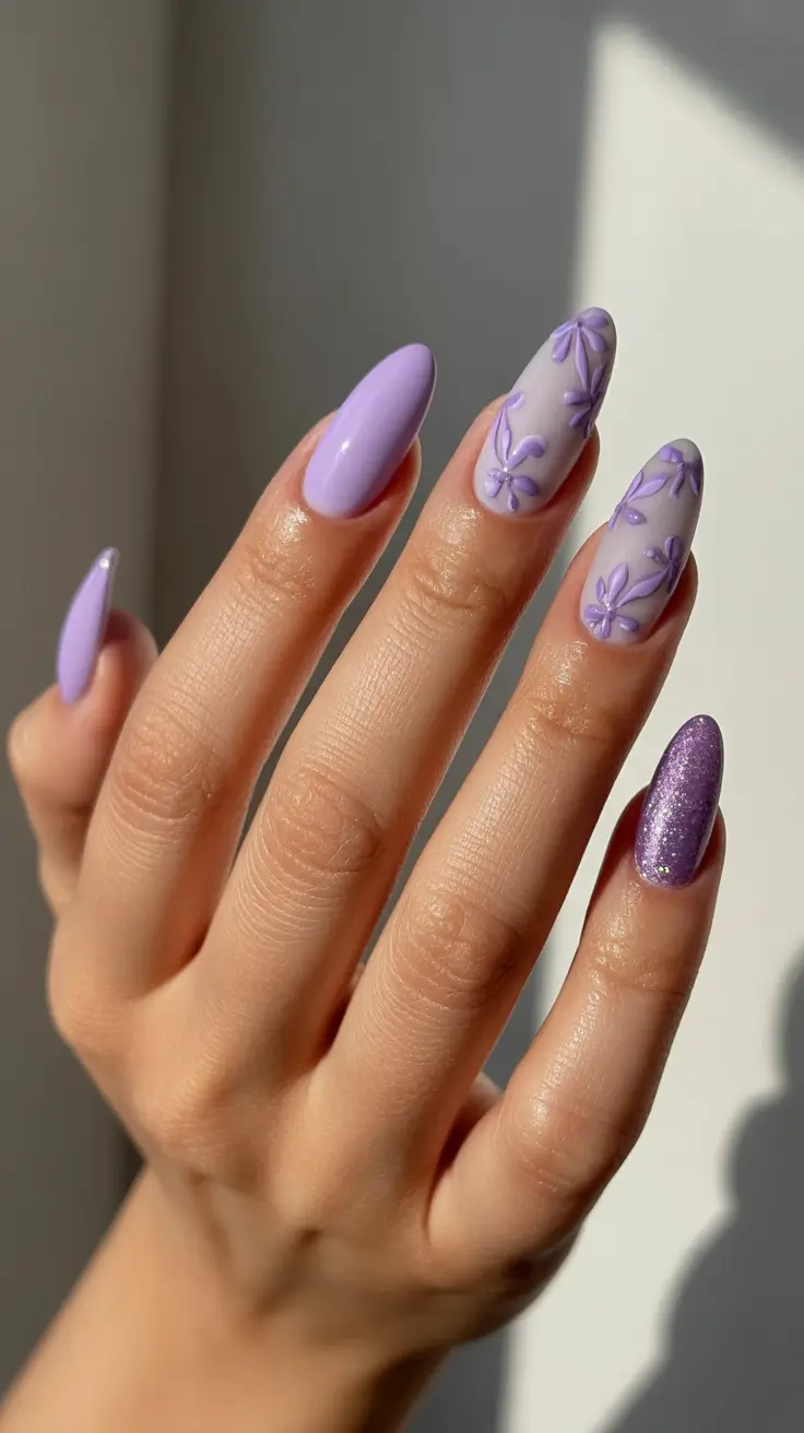 spring nails 2026 trends tan skin Textured Lilac Blooms