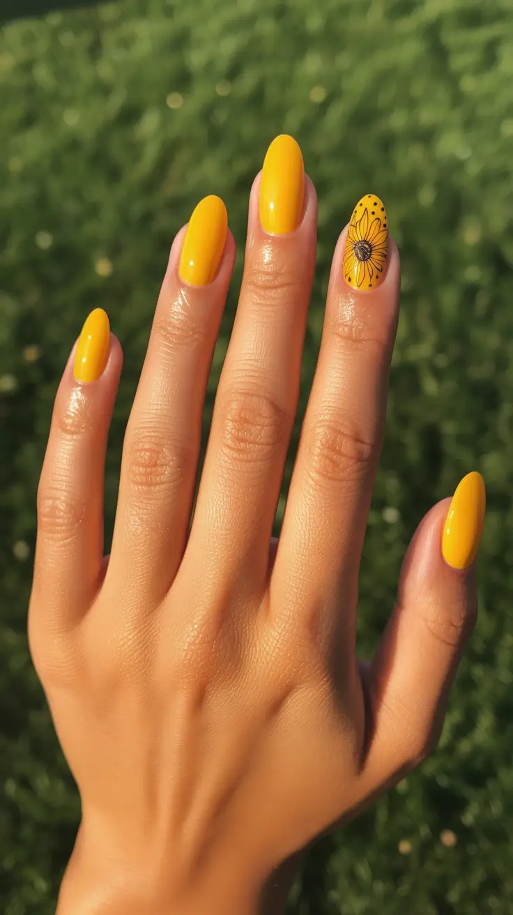 spring nails 2026 trends tan skin Sunlit Yellow With Sketchy Floral Accent