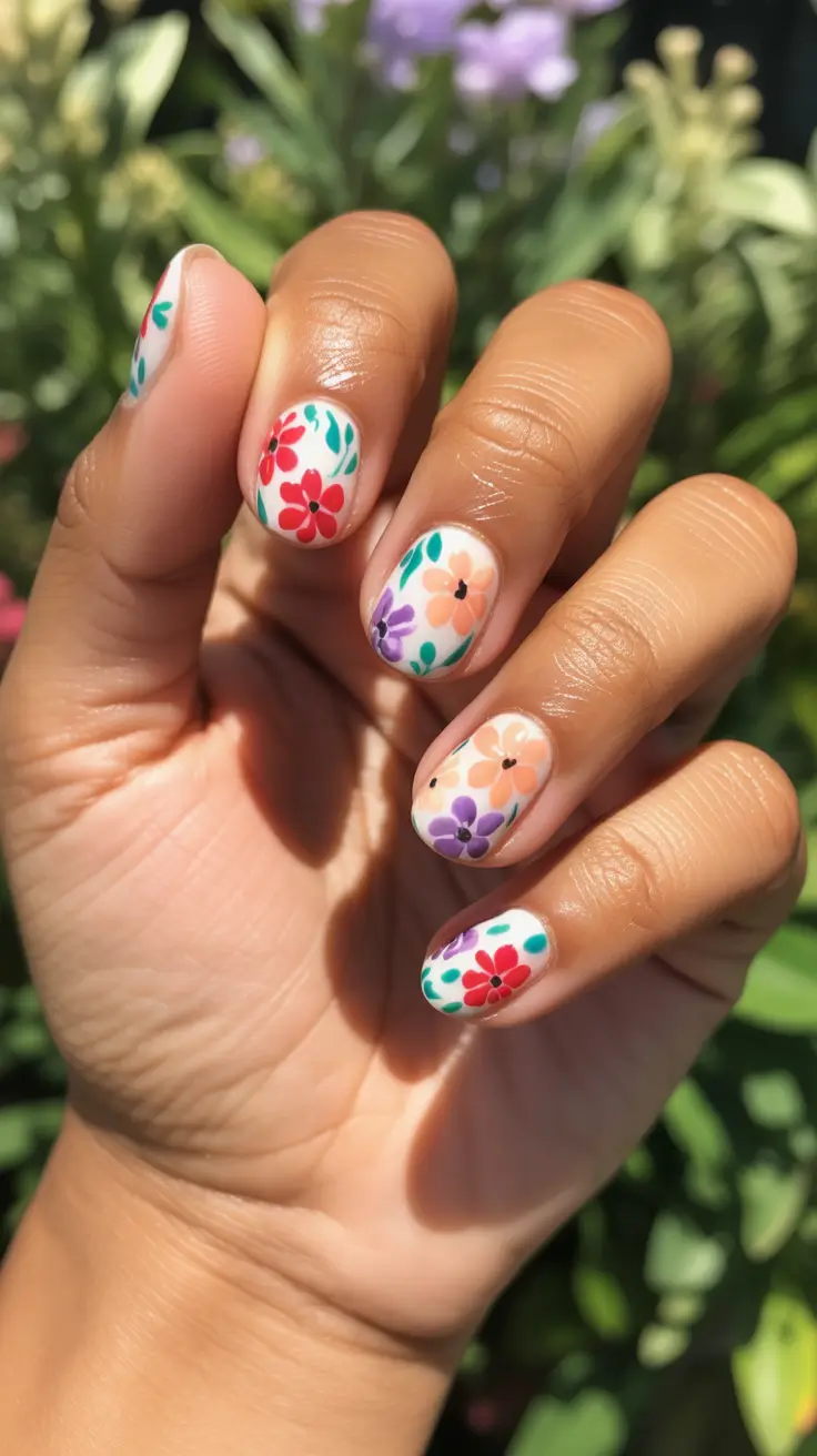 spring nails 2026 trends tan skin Colorful Garden Party Blossoms