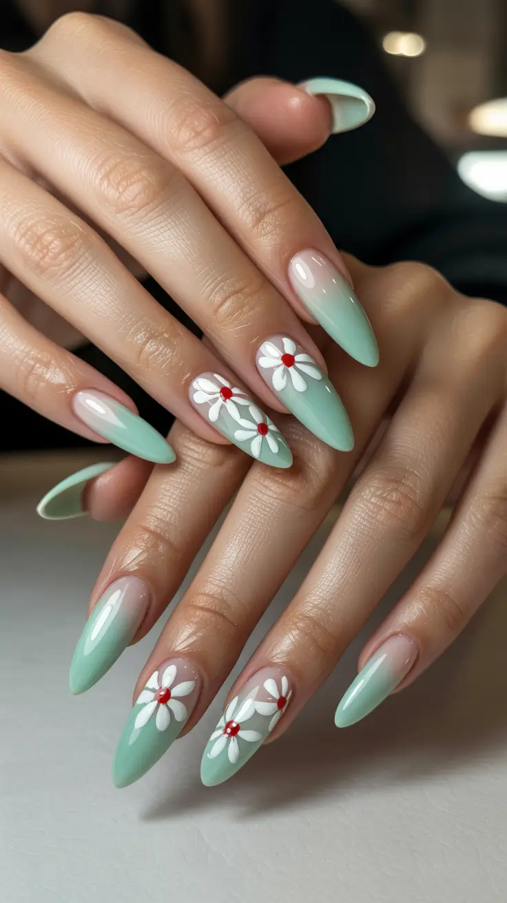 spring nails 2026 trends tan skin Mint Ombre Blossoms For Fresh Spring Moments