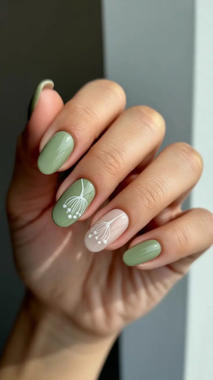 spring nails 2026 trends tan skin Sage Green Minimalism With Delicate White Stems