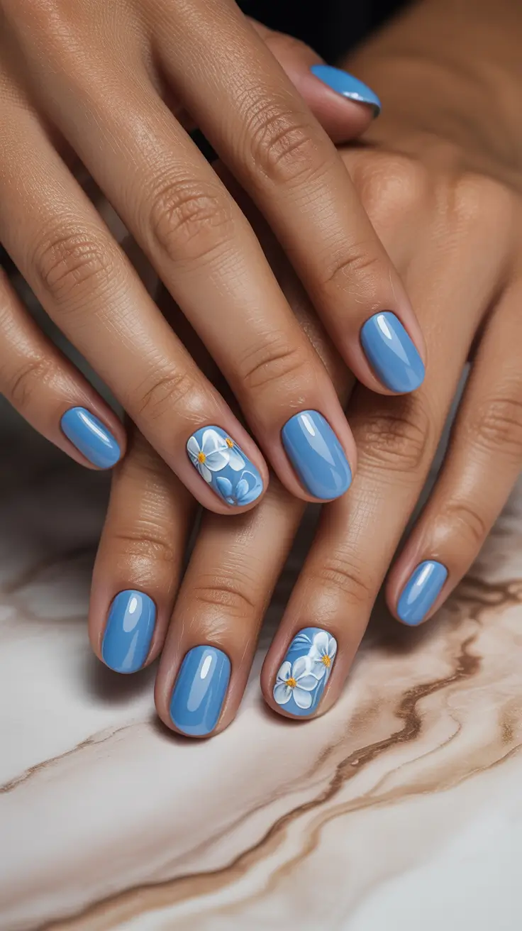 spring nails 2026 trends tan skin Sky Blue Petals On Short Round Nails