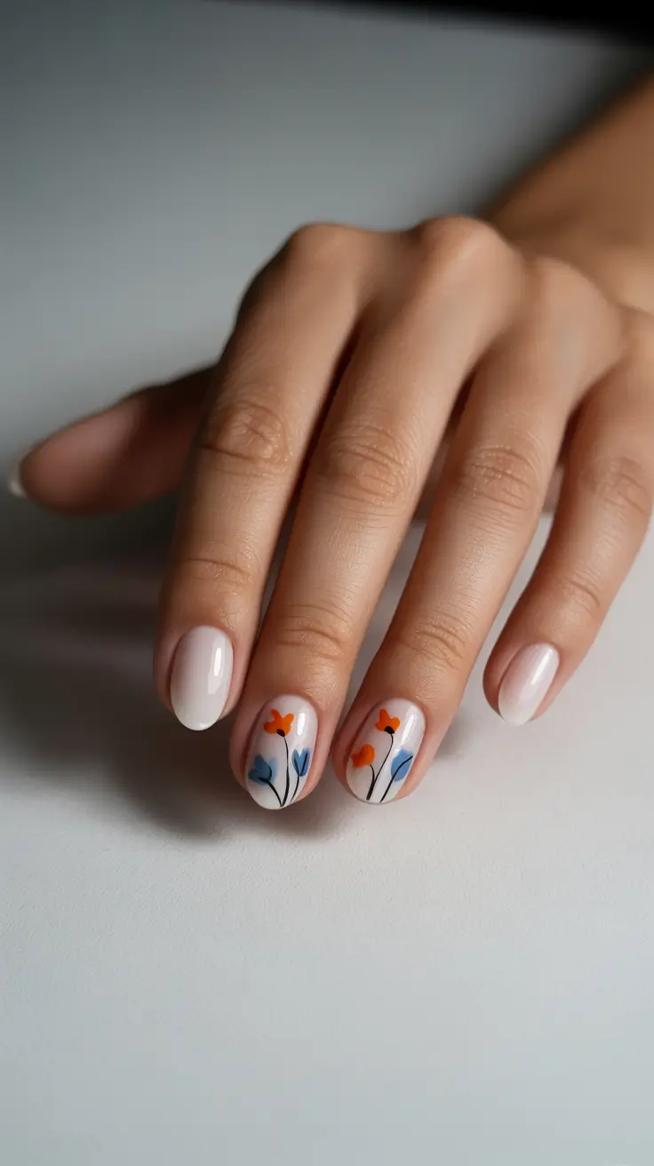 spring nails 2026 trends tan skin Minimalist Floral Art On Natural Nude Base