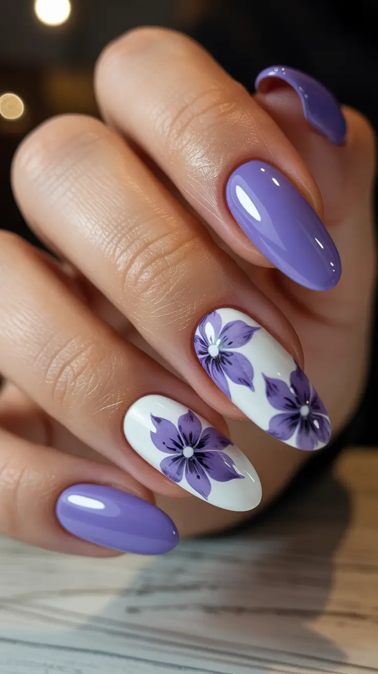 spring nails 2026 trends tan skin Lavender Petals On Almond Lavender Nails