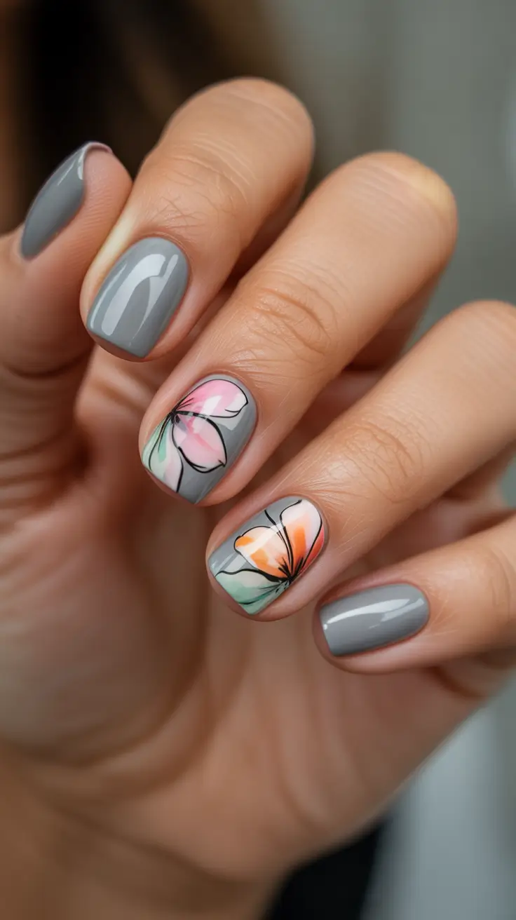 spring nails 2026 trends tan skin Soft Gray Base With Pastel Butterfly Petals