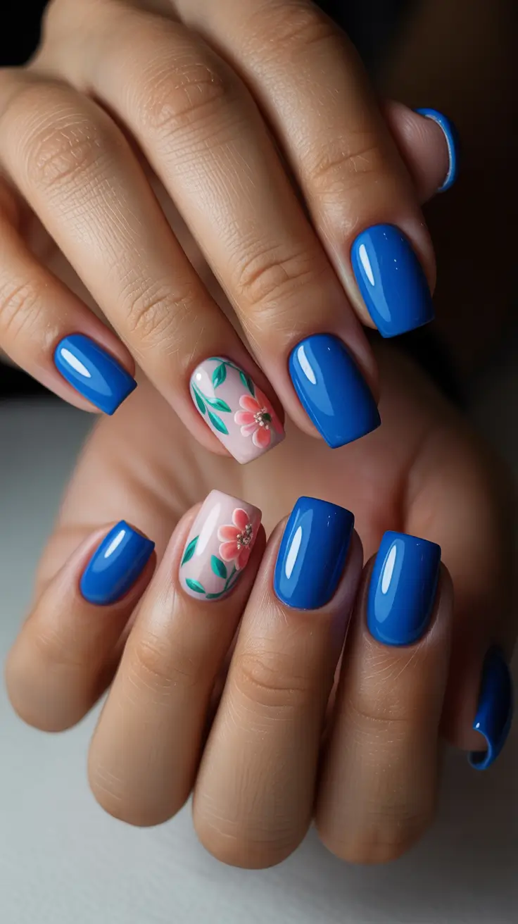 spring nails 2026 trends tan skin Vibrant Blue Gloss With Soft Floral Accents