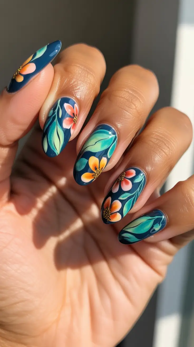 spring nails 2026 trends tan skin Deep Botanical Florals On Teal Blue