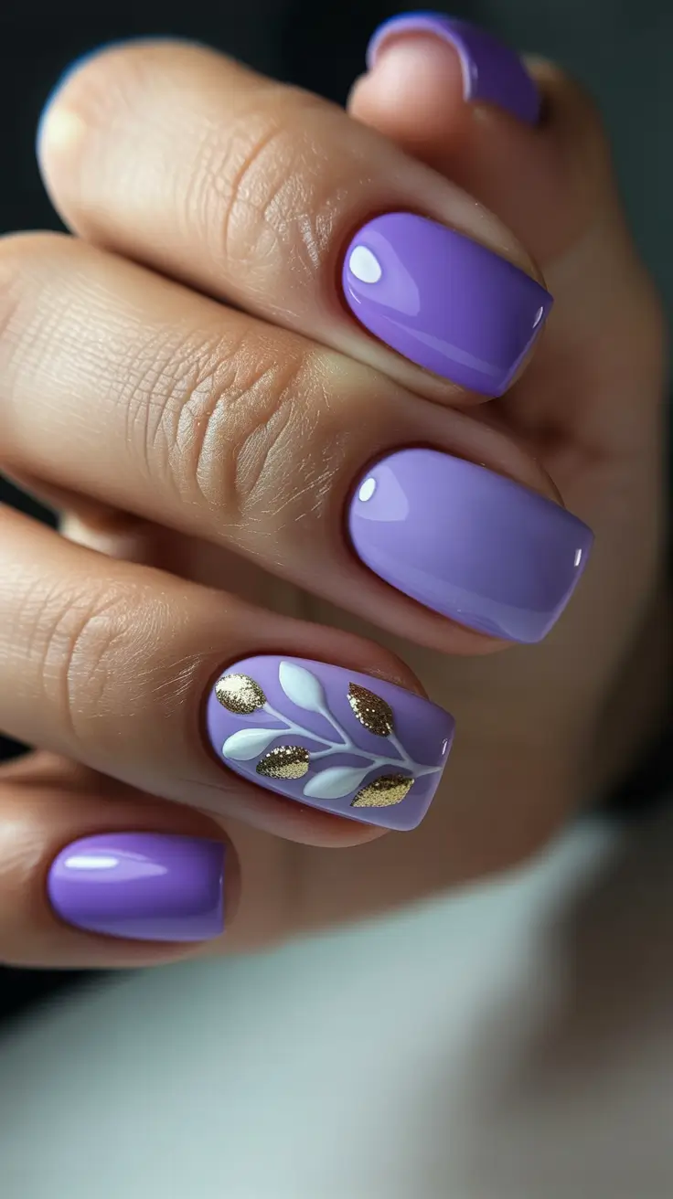 spring nails 2026 trends tan skin Lavender Shine With Gold Leaf Details