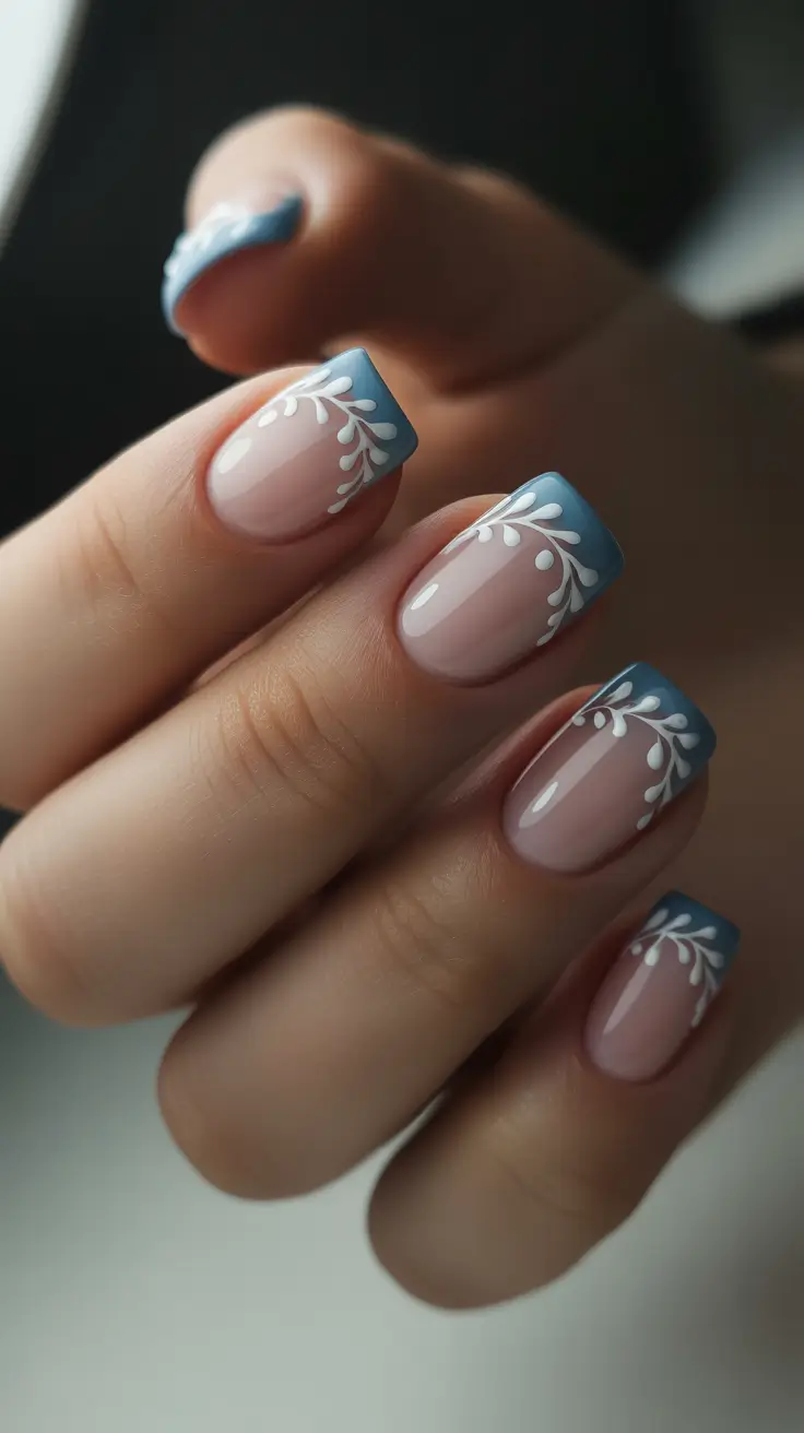 minimalist spring nails for work 2026 + Denim French Tips With Tiny White Botanicals