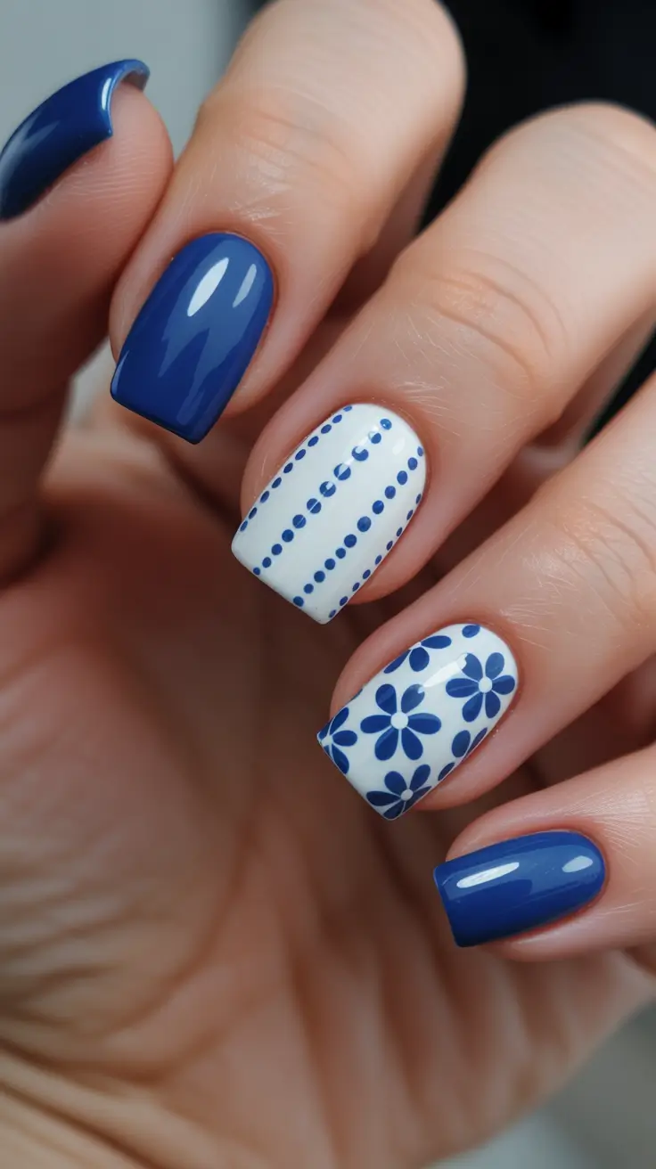 minimalist spring nails for work 2026 Cobalt Blue And Porcelain Dot Lines For A Clean Statement