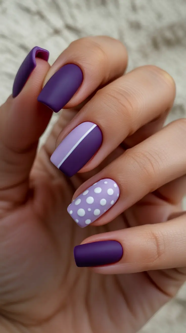 minimalist spring nails for work 2026 Matte Purple With Clean Lines And Polka Detail