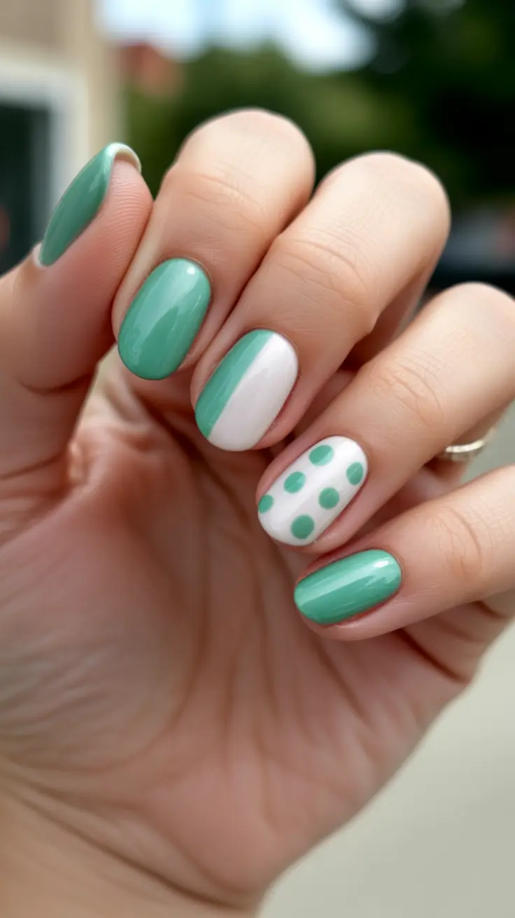 minimalist spring nails for work 2026 + Mint And White Dot Mix For A Clean Office-Friendly Mood