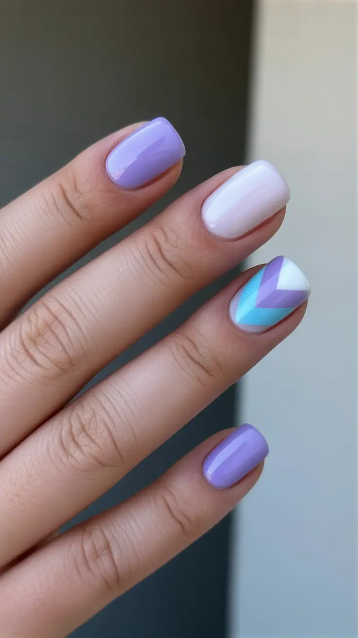 minimalist spring nails for work 2026 + Soft Lilac And White With A Minimal Geometric Accent