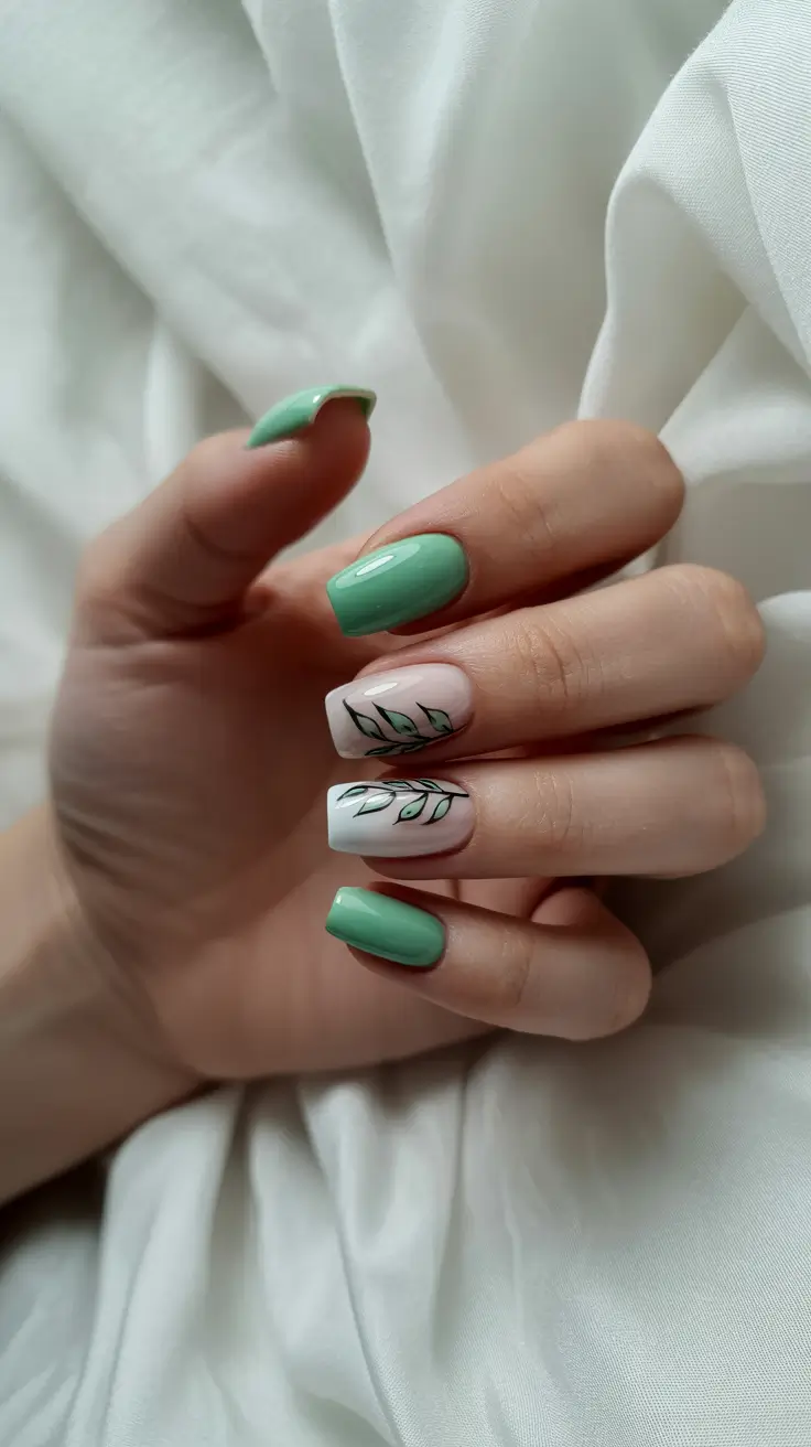 minimalist spring nails for work 2026 + Green Solids With Minimal Leaf Line Art For A Soft Botanical Moment