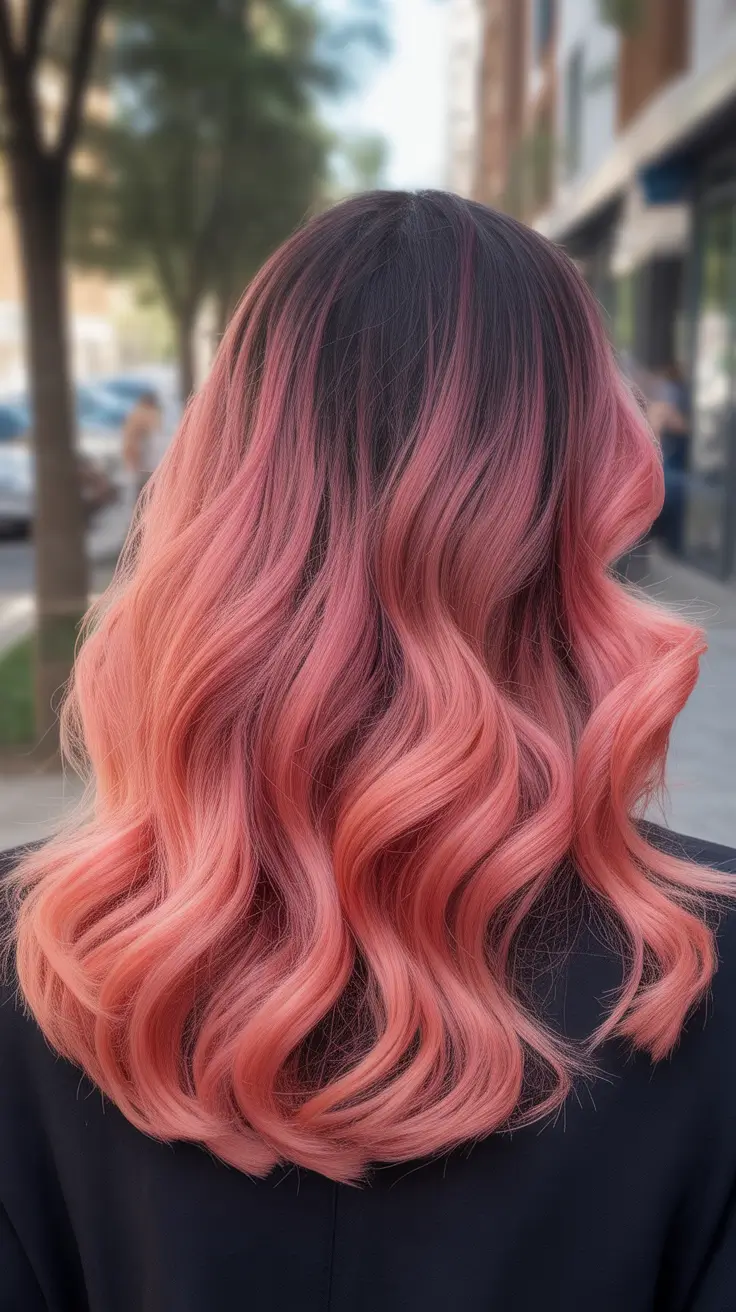vibrant spring ombre hair color 2026 + Rosy Pink Melt With Dark Roots And Loose Waves