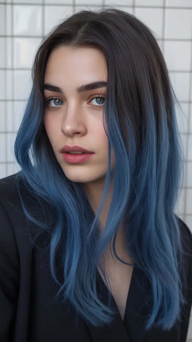 vibrant spring ombre hair color 2026 + Midnight To Denim Blue Ombre With Soft Straight Texture