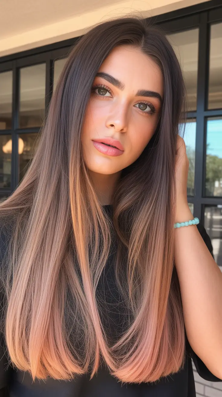 vibrant spring ombre hair color 2026 + Mocha Roots With Peachy Caramel Ombre On Ultra Long Hair
