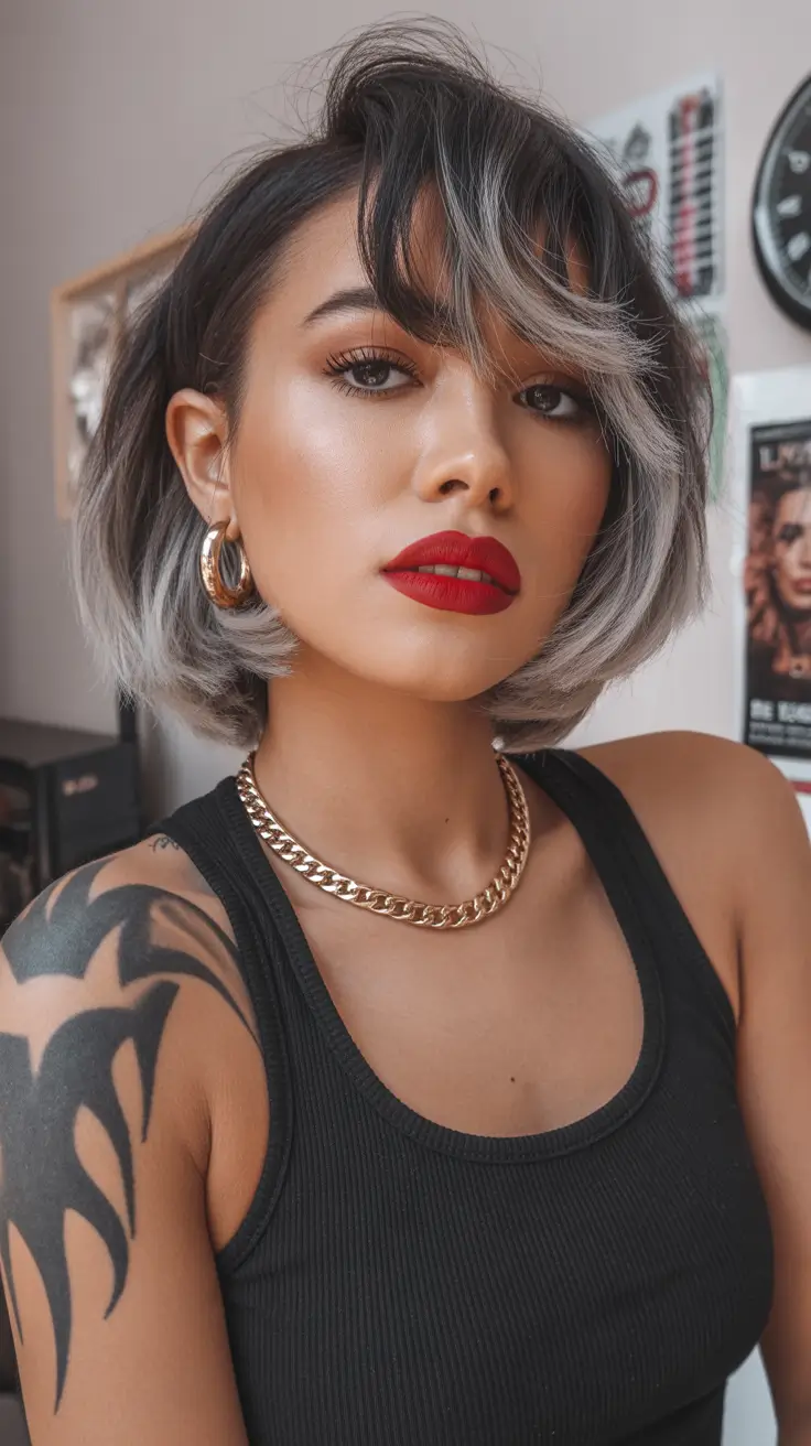 vibrant spring ombre hair color 2026 + Smoky Dark Roots To Silver Ombre In A Textured Short Bob