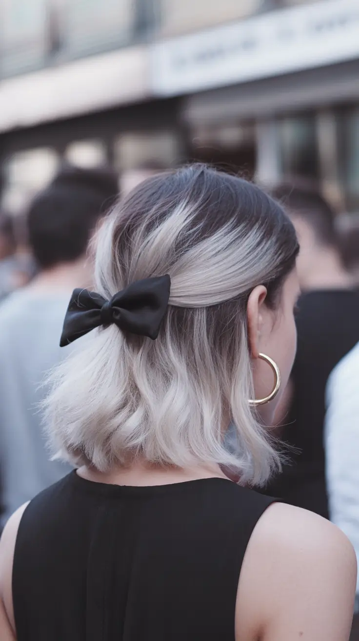 vibrant spring ombre hair color 2026 + Bow Half-Up Bob With Cool Blonde Ombre