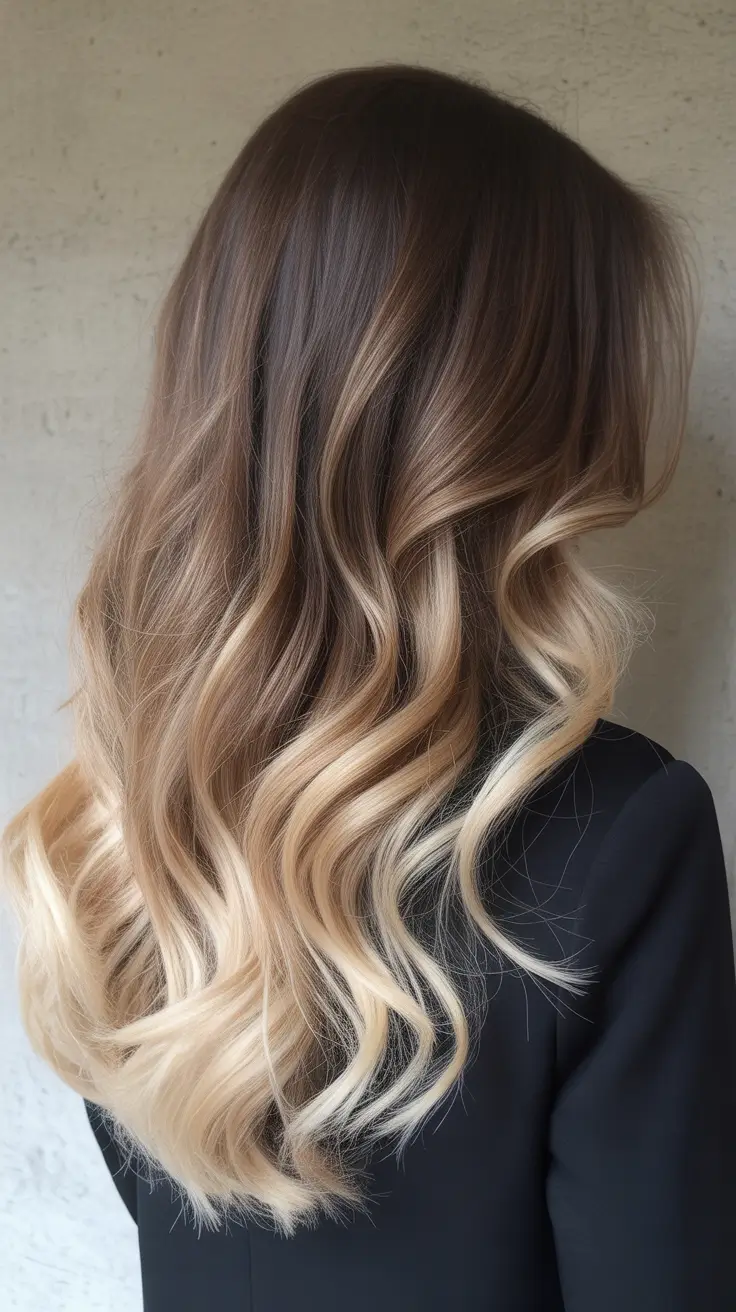 vibrant spring ombre hair color 2026 + Cool Brunette To Vanilla Beige Balayage Ombre