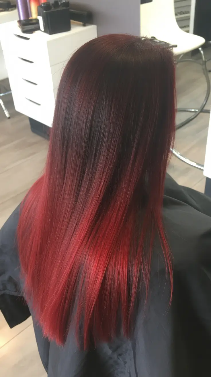 vibrant spring ombre hair color 2026 + Cherry Red Ombre With A Sleek Finish