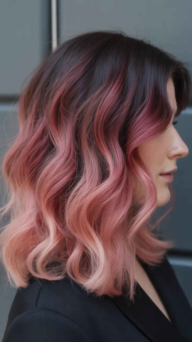 dreamy spring pink hair color ideas 2026 + Dusty Rose Root Melt Waves