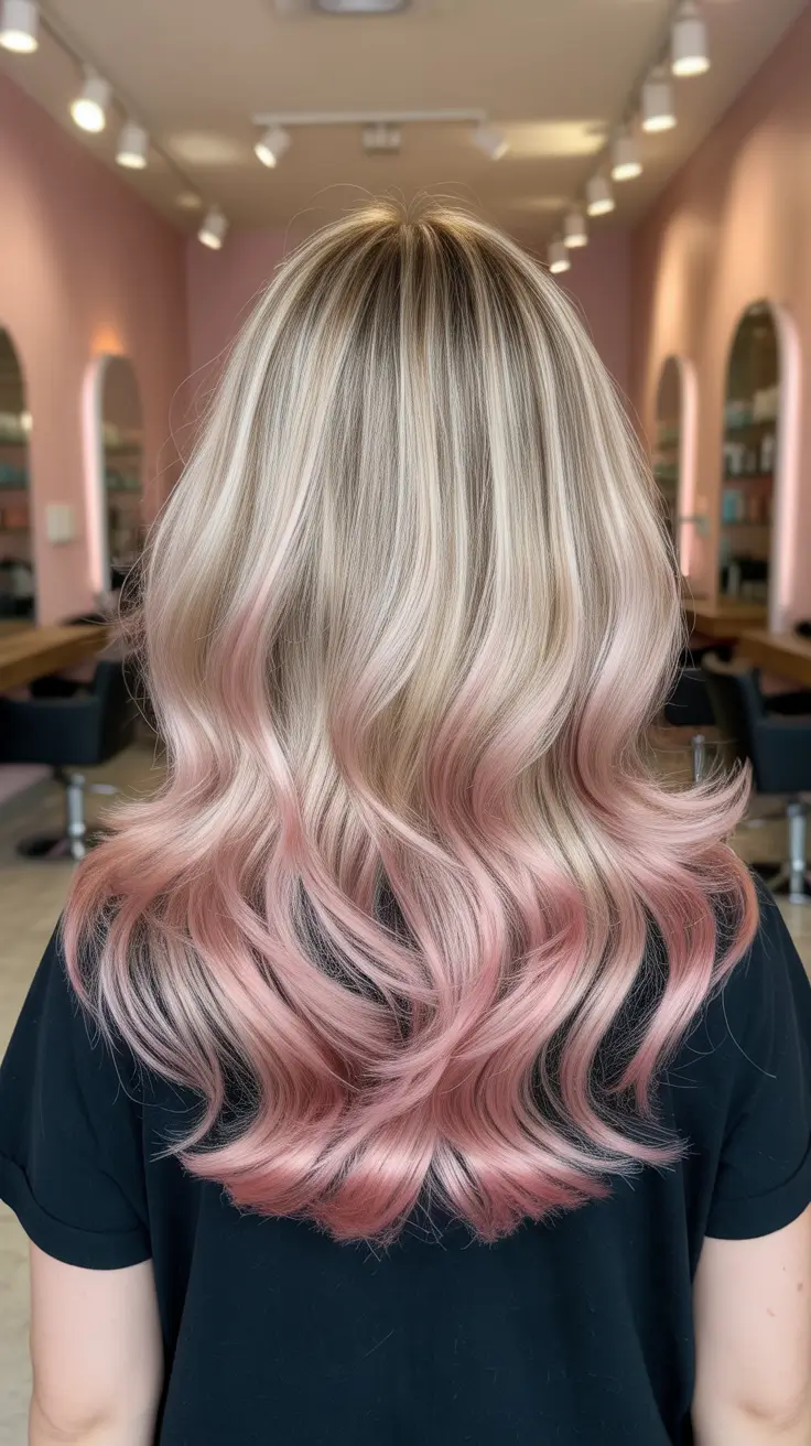 dreamy spring pink hair color ideas 2026 + Soft Pink Underlights On A Bright Blonde Melt
