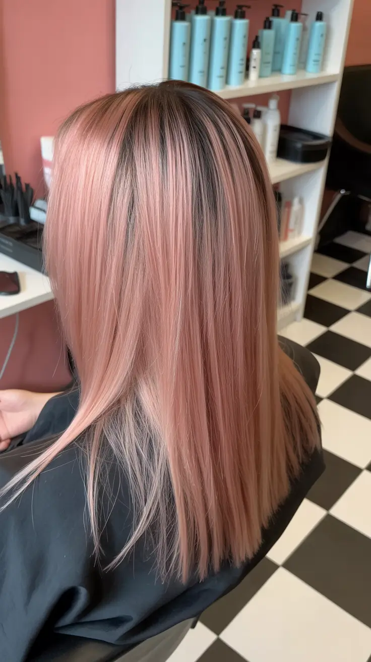 dreamy spring pink hair color ideas 2026 + Rose Gold Sleek Panels With Shadow Root