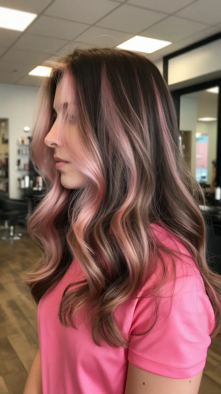 dreamy spring pink hair color ideas 2026 + Brunette Waves With Pink Ribbon Dimension