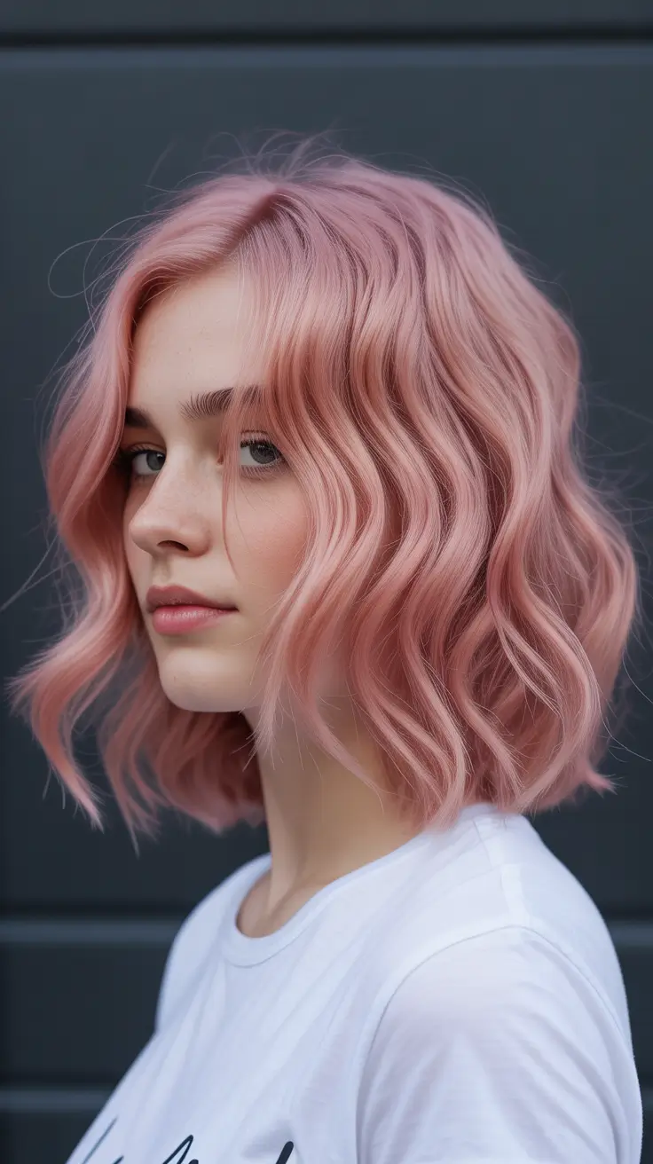 dreamy spring pink hair color ideas 2026 + Soft Dusty Rose Wavy Bob With Airy Bend