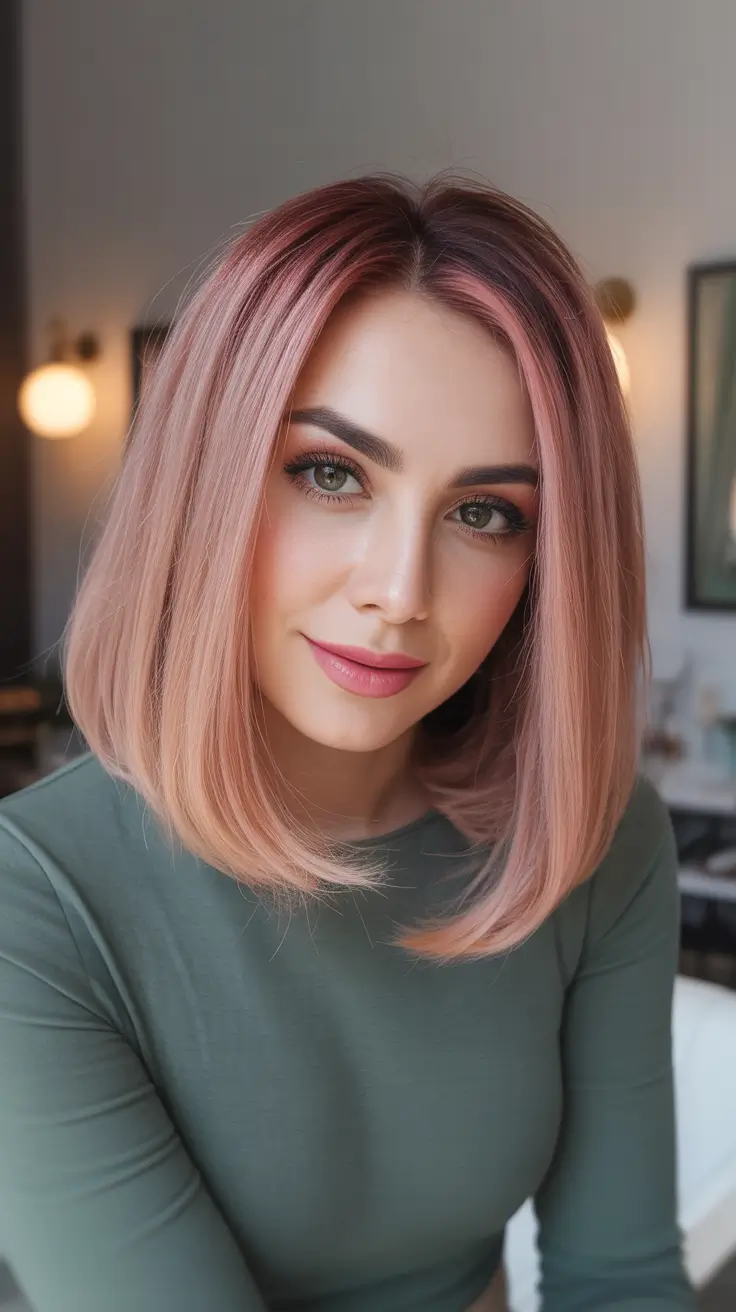 dreamy spring pink hair color ideas 2026 + Rose Gold Sleek Bob With Shadow Root