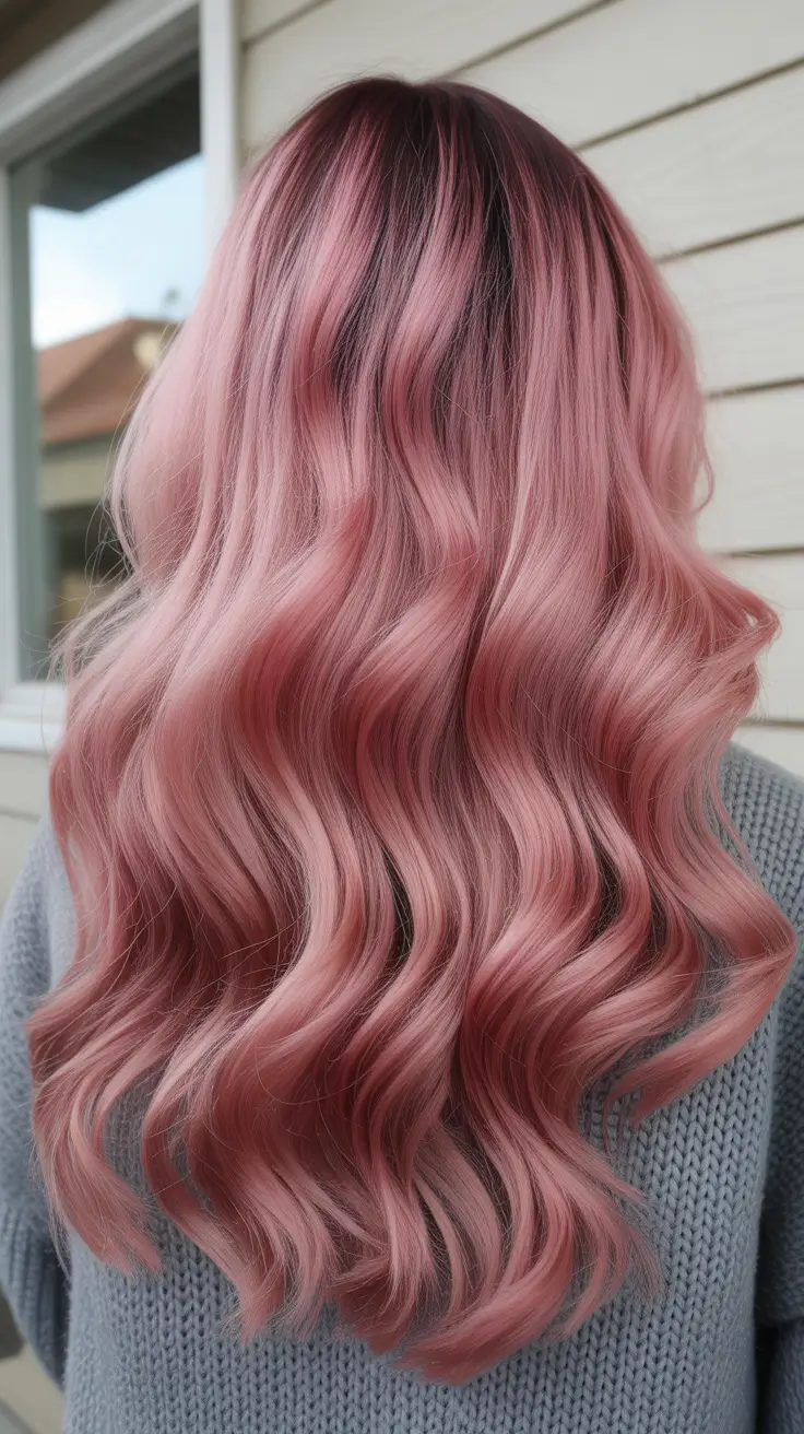dreamy spring pink hair color ideas 2026 + Dusty Mauve Lengths With Dark Root Melt