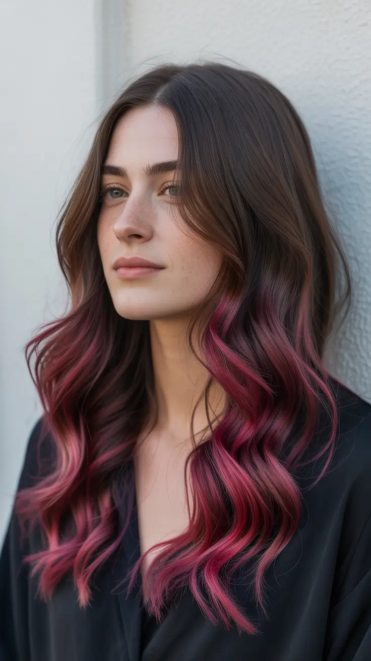 dreamy spring pink hair color ideas 2026 + Cherry Plum Brunette With Pink Ends