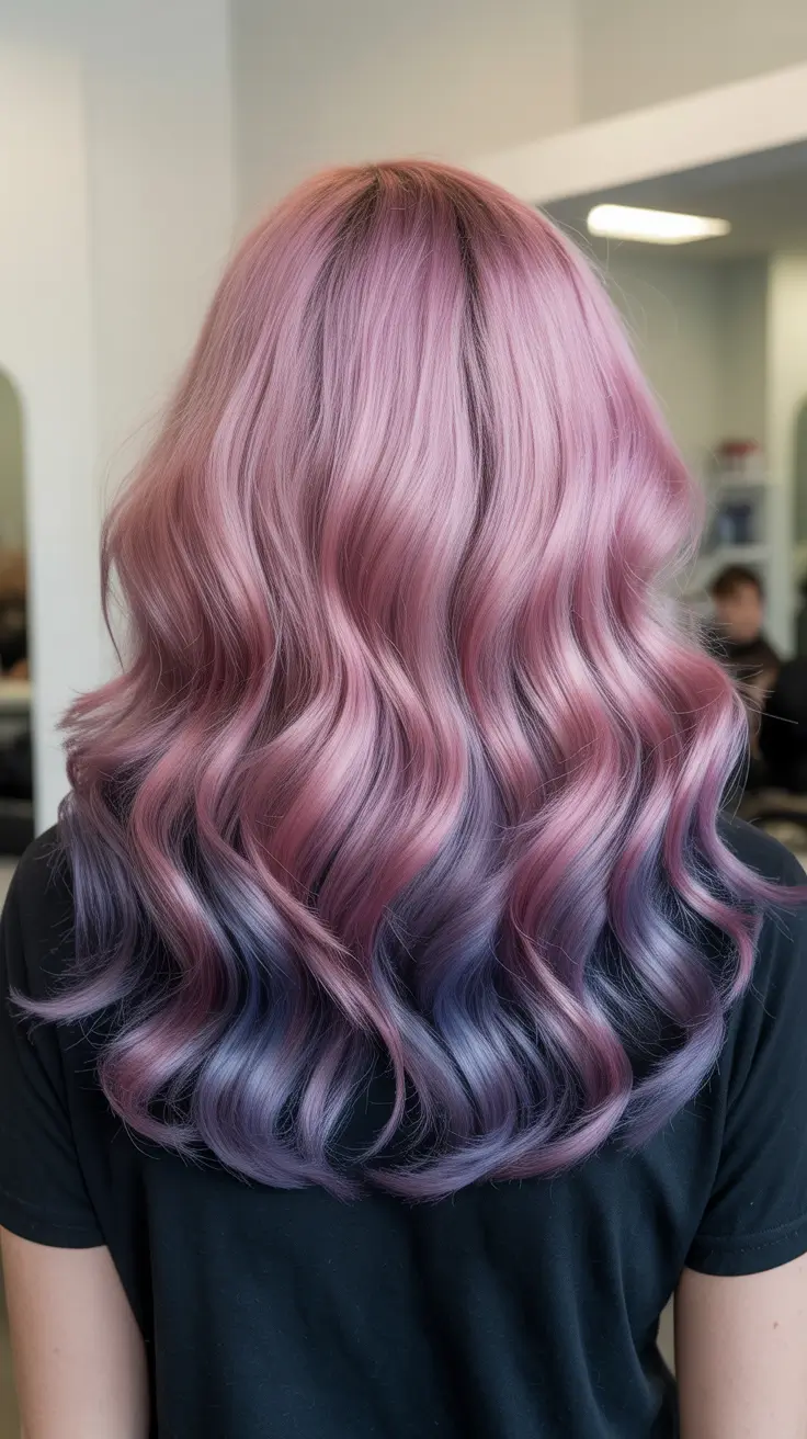 dreamy spring pink hair color ideas 2026 + Pink Meets Purple Smoke In A Glossy Gradient