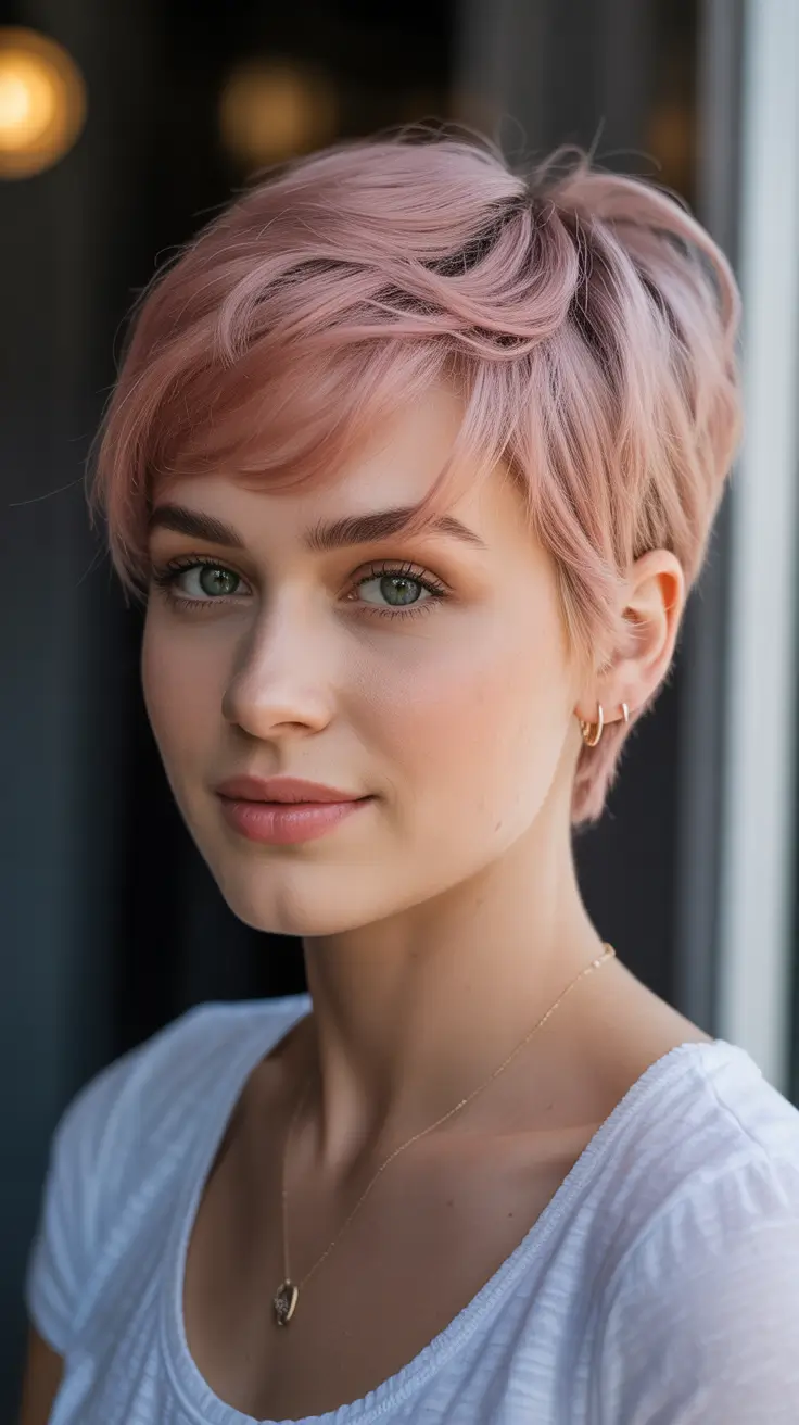 dreamy spring pink hair color ideas 2026 + Soft Pink Pixie With Lived-In Texture