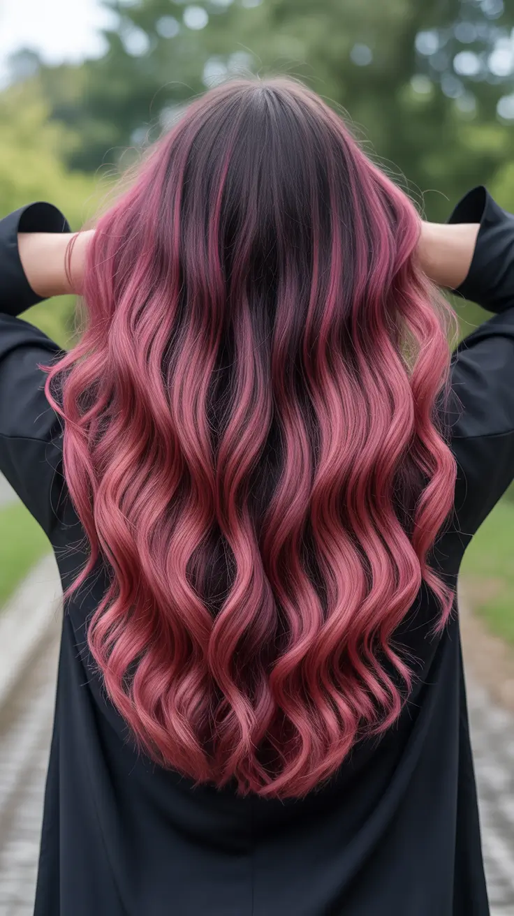 dreamy spring pink hair color ideas 2026 + Pink Ribbon Balayage Through Long Waves