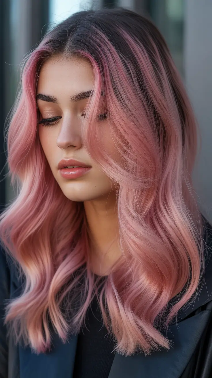 dreamy spring pink hair color ideas 2026 + Dusty Rose Ribbons On A Brunette Base